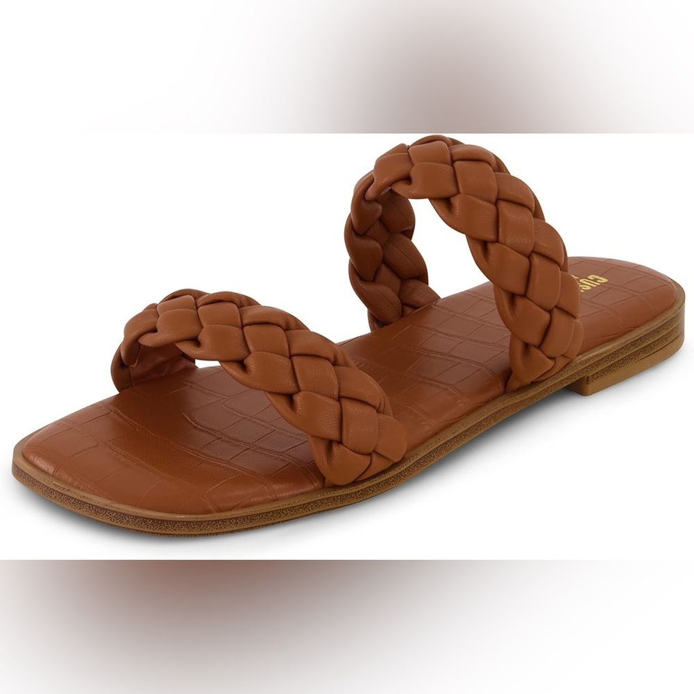 NWOT Cushionaire Vicki Wide Width Camel Braided Double Strap Sandal Slip on